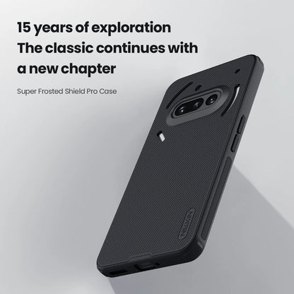Black phone case with text '15 years of exploration. The classic continues with a new chapter.' on a light gray background.