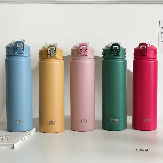 TYESO water bottle thermos with straw in 5 colors: blue, yellow, pink, green, and red. Leak-proof and BPA-free for hot or cold drinks.