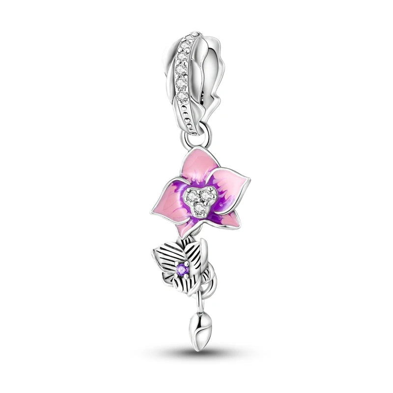 925 Sterling Silver Pink Series Colour Charms Beads Cut Girl Flower Pendant