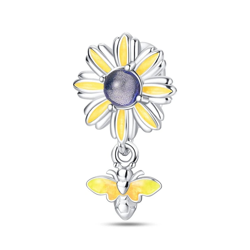 925 Sterling Silver Golden Sunflowers Heart Charms Pure Ember pandora style sunflower with bumble bee 