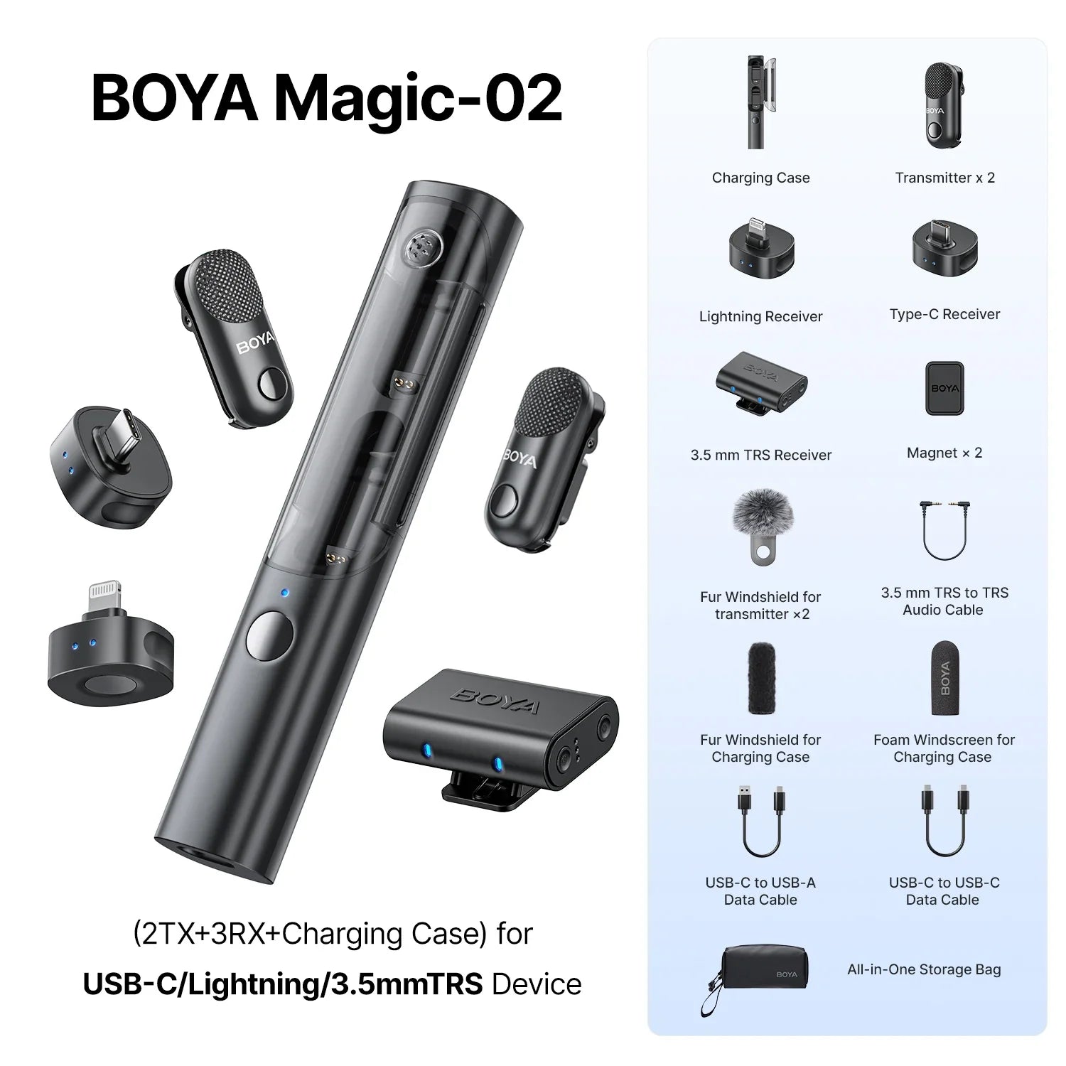 BOYA Magic-02 wireless microphone system with accessories on a white background