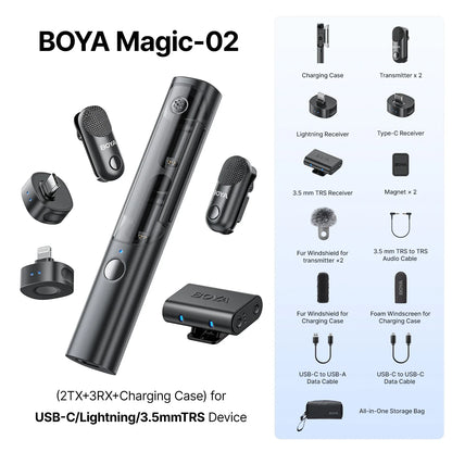 BOYA Magic-02 wireless microphone system with accessories on a white background