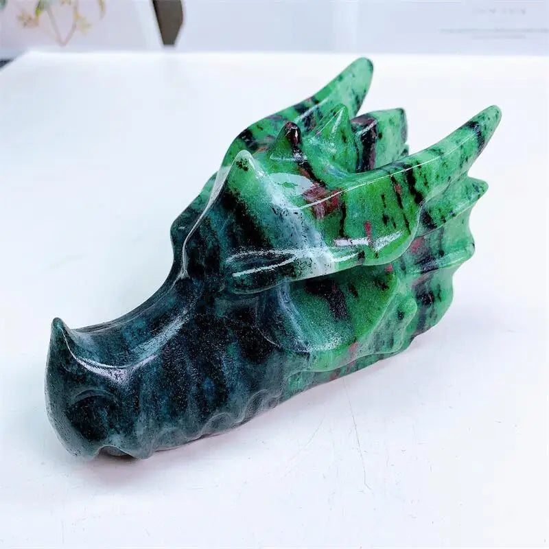 15CM Natural Crystal Ruby In Zoisite Carved Dragon Head fung shui