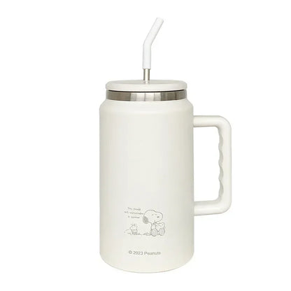 Snoopy White mug with handle and straw lid on a white background