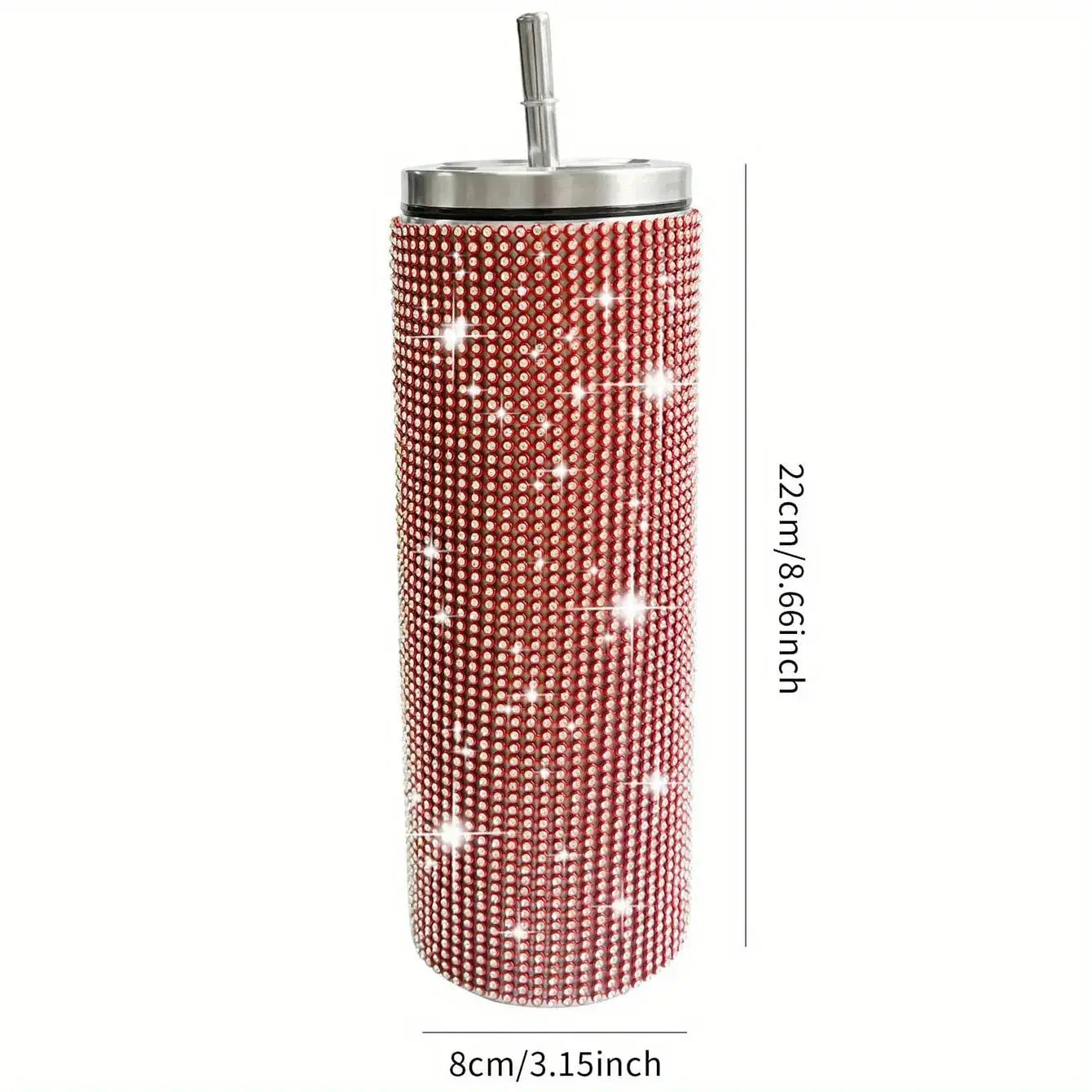 Blinged-out tumbler with dimensions on a white background