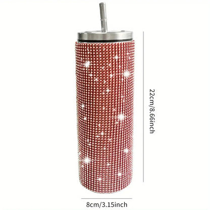 Blinged-out tumbler with dimensions on a white background
