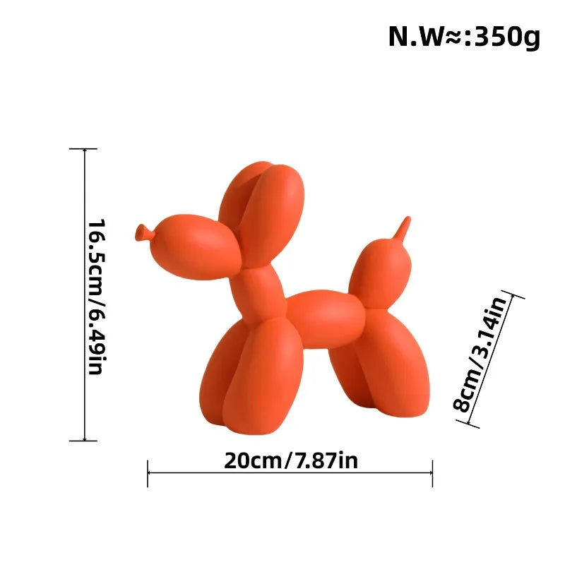 Orange balloon dog sculpture with measurements on a white background