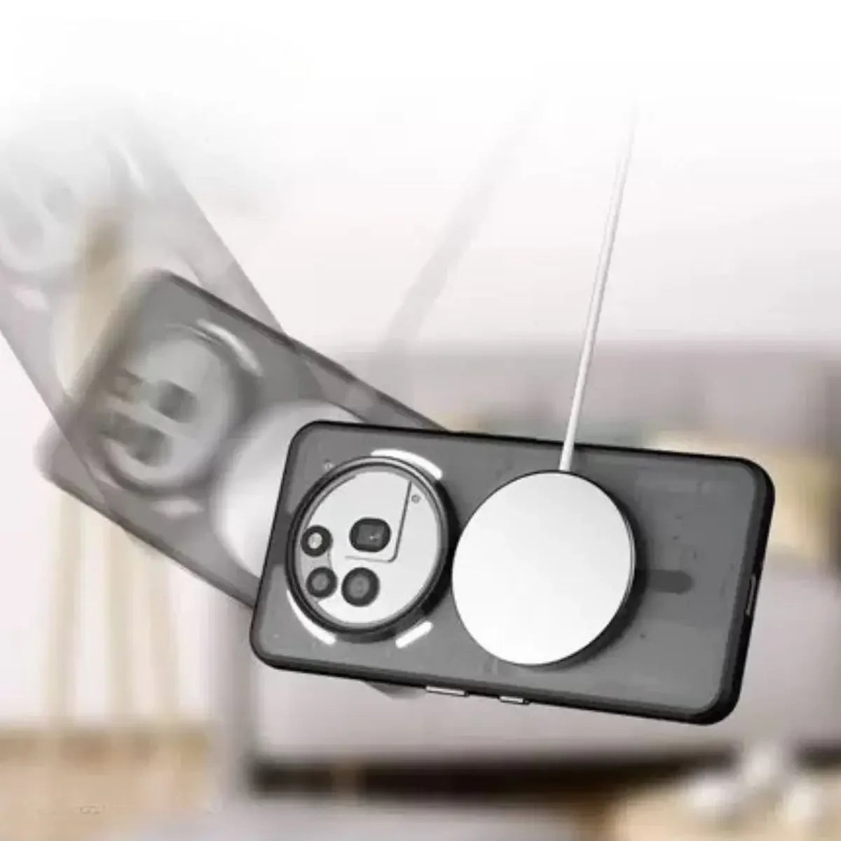 Phone case with camera cutout and metallic accent on a blurred background