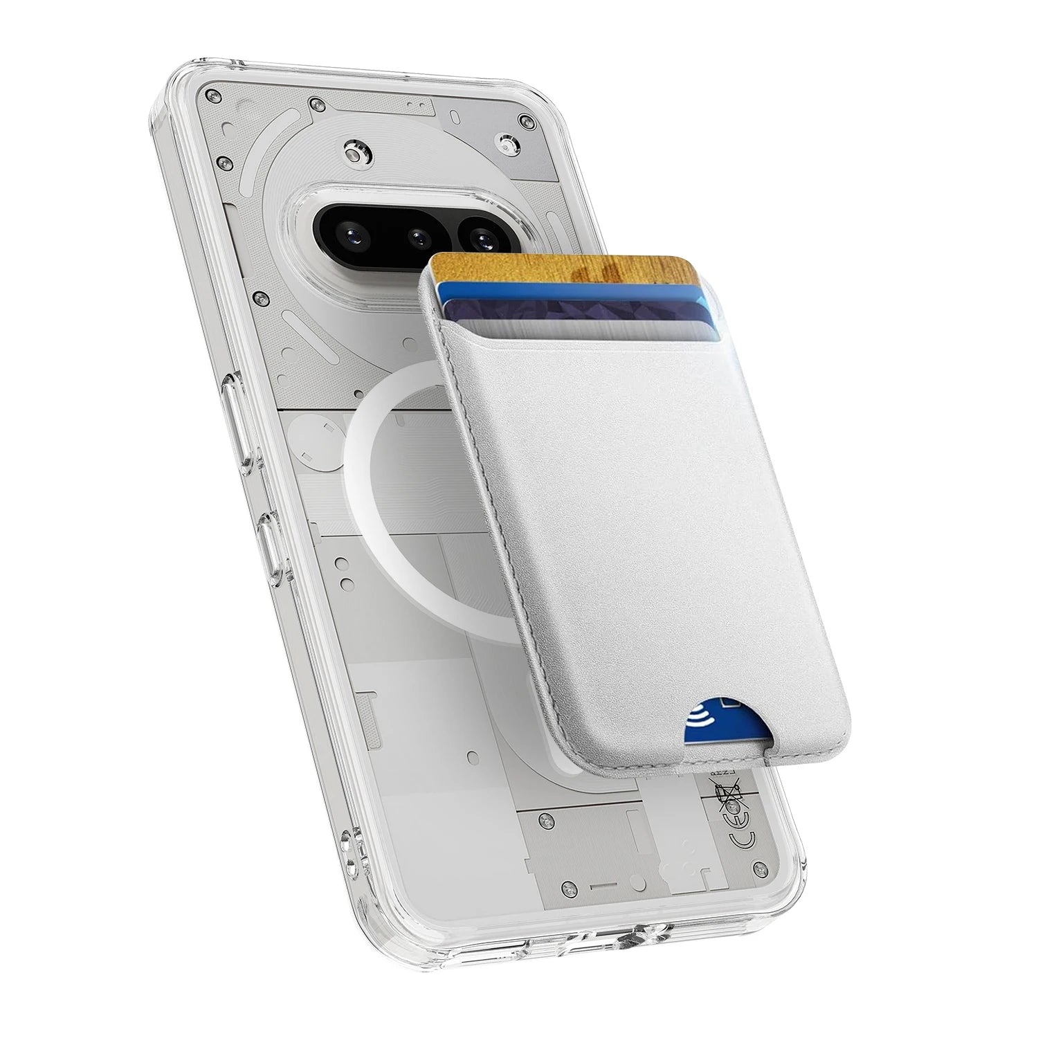 Phone case with a card holder attached to a smartphone on a white background