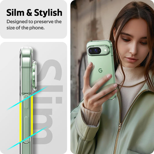 Person holding a green phone case with text 'Slim & Stylish' and 'Designed to preserve the size of the phone.'