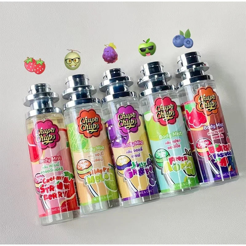 Set of Chupa Chups candy bottles with colorful labels on a light gray background