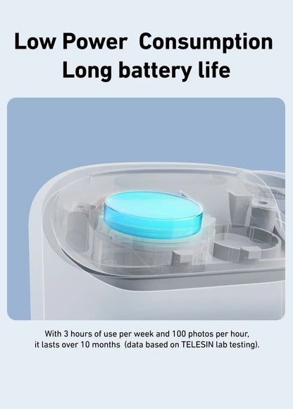 Product with a blue light on a clear background, labeled 'Low Power Consumption Long battery life'.