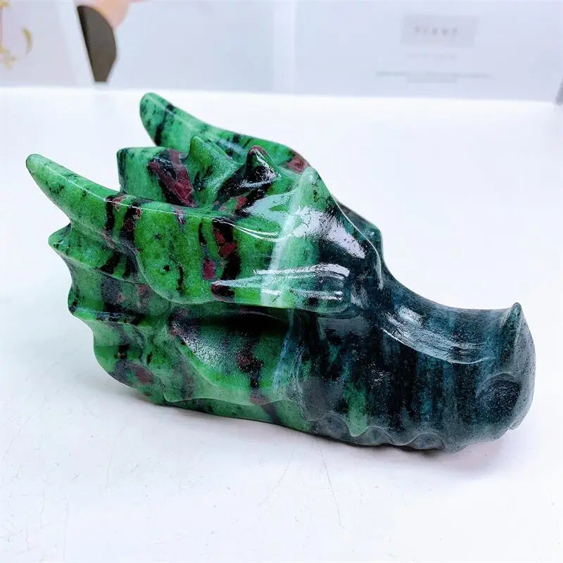 15CM Natural Crystal Ruby In Zoisite Carved Dragon Head fung shui