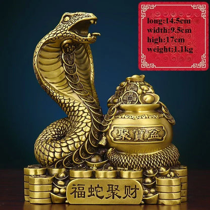 A bronze colored metal ornament in the shape of a snake coiled around a pot with Chinese characters inscribed, representing the Twelve Zodiac Snakes theme.
