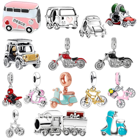 Collection of various vehicle-themed charms on a white background pandora style