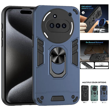 Blue phone case with magnetic stand and car mount features, shown on a black background.