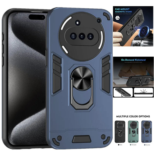 Blue phone case with magnetic stand and car mount features, shown on a black background.