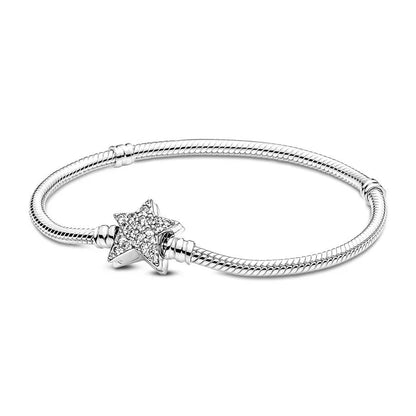 Silver bracelet with a star-shaped clasp on a white background