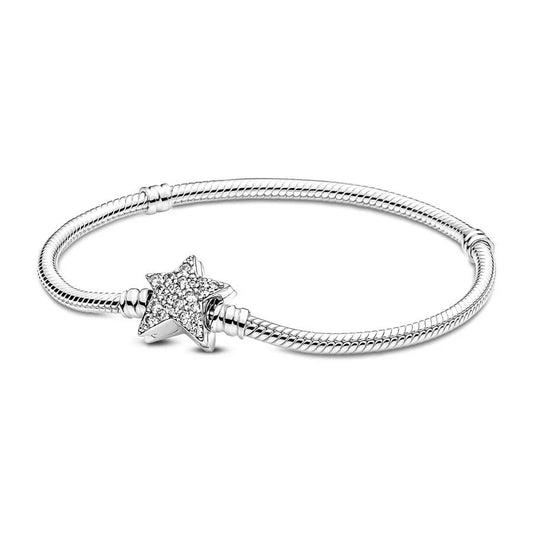 Silver bracelet with a star-shaped clasp on a white background