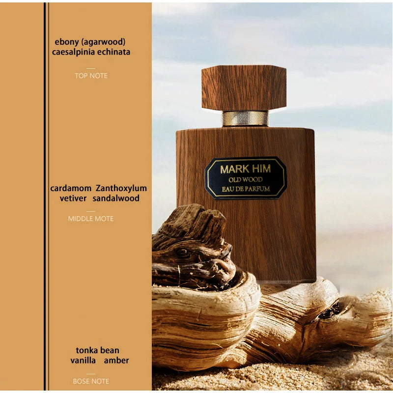 Wooden perfume bottle with desert landscape background