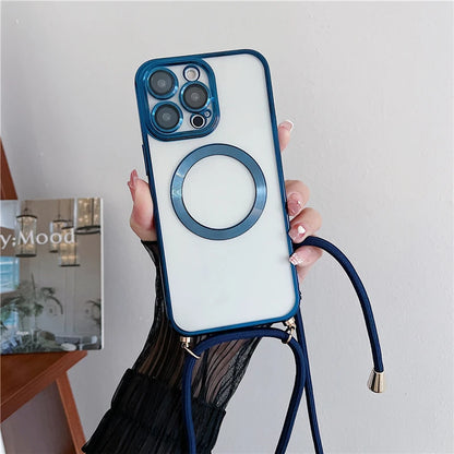 Navy Blue Magnetic Wireless Charging Cases For iPhone 16 15 14 17 12 13 Pro Max Crossbody Lanyard