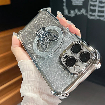 Silver glittery phone case with butterfly design held by a hand
