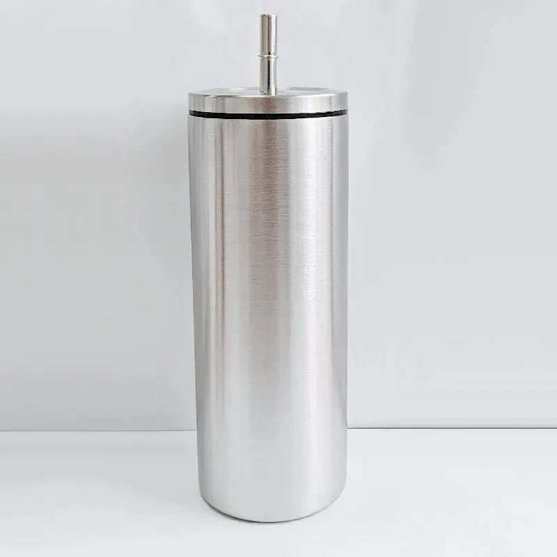 Stainless steel tumbler with a black rim on a white background