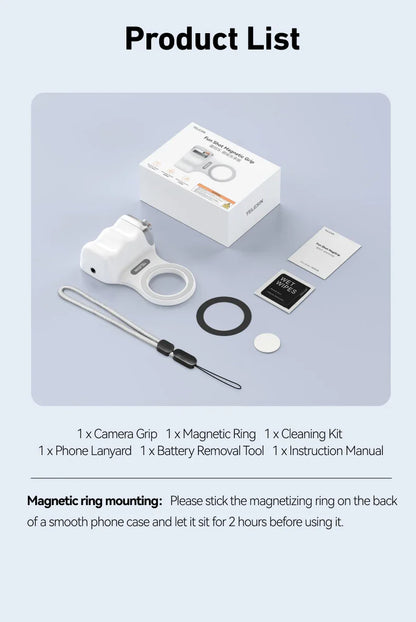 Product list with camera grip, magnetic ring, cleaning kit, phone lanyard, battery removal tool, and instruction manual on a light gray background.