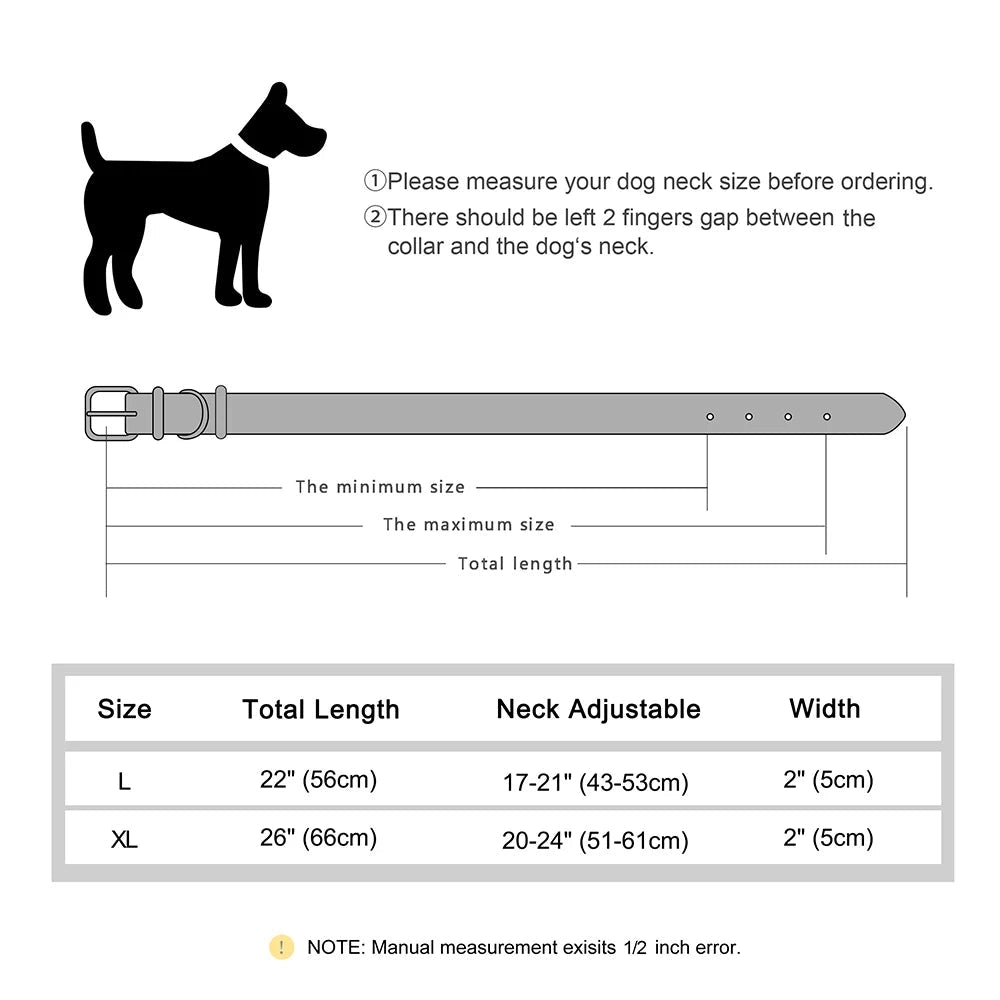 Dog collar measurement chart with instructions and size details.