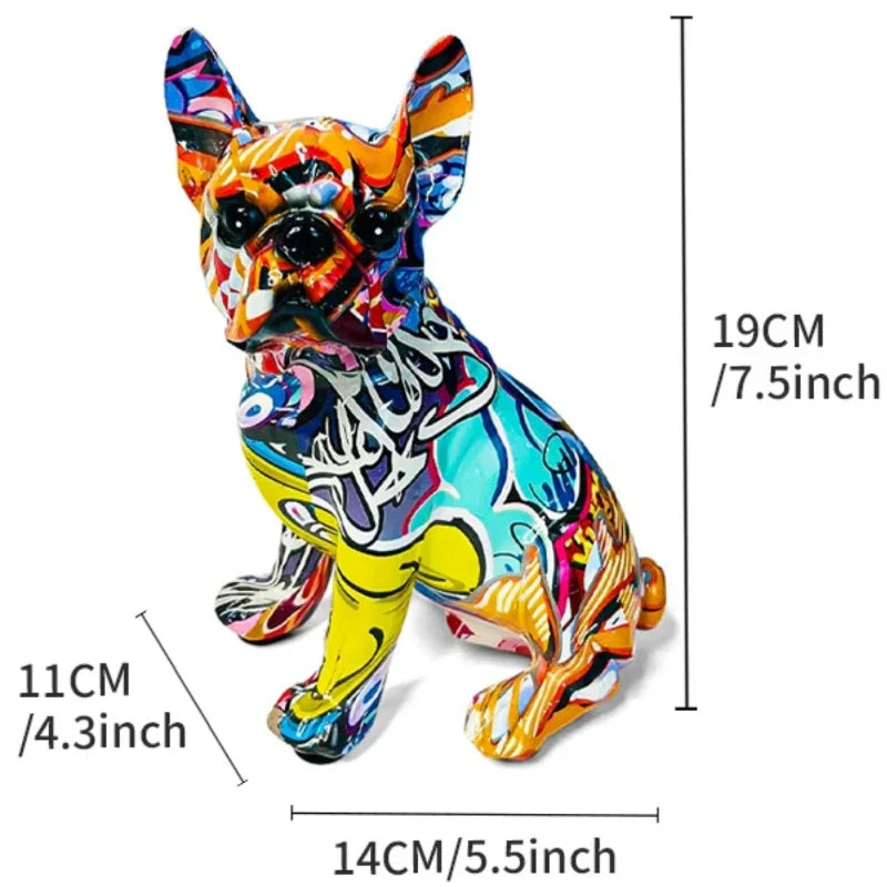Colorful dog figurine with dimensions on a white background frenchie french bulldog