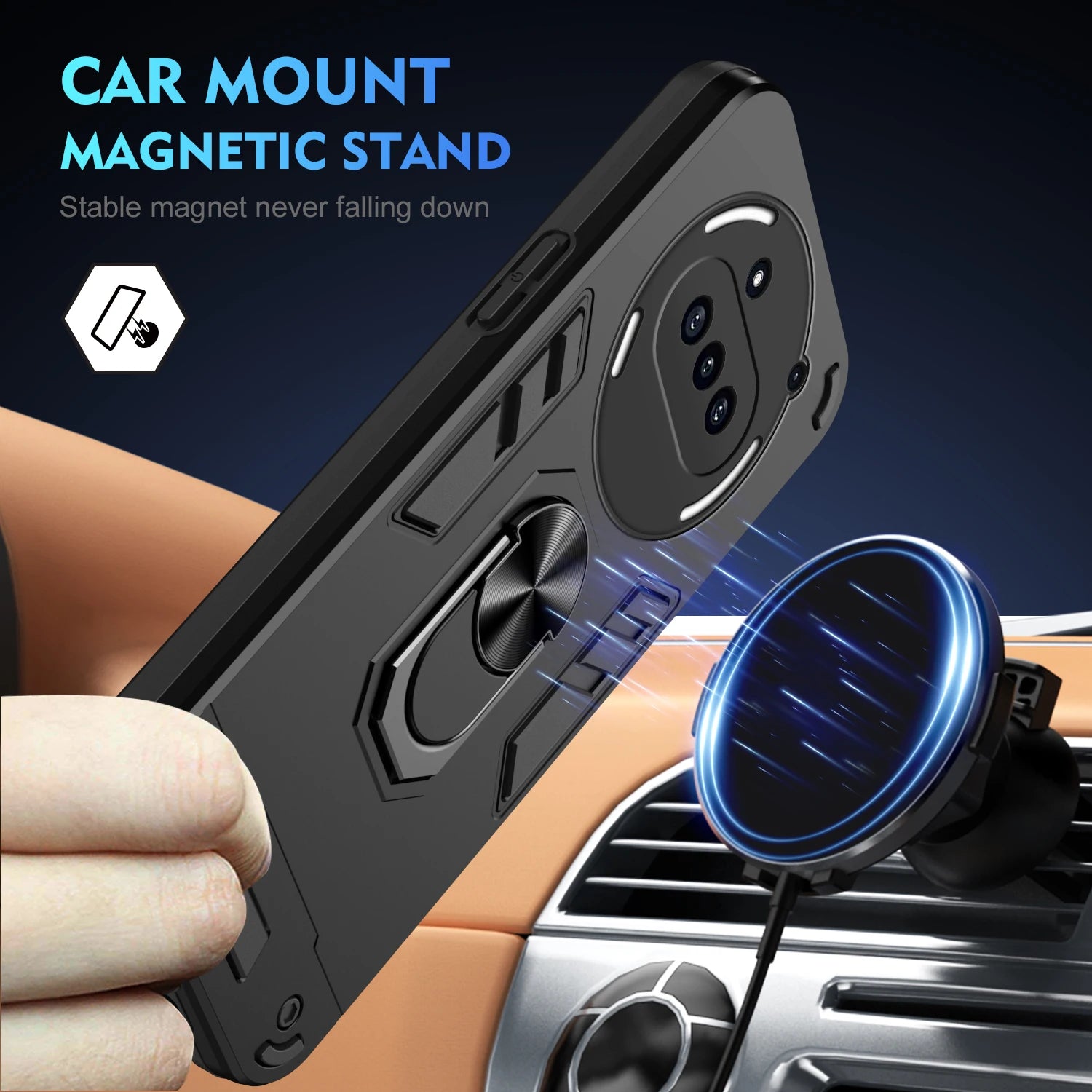 Car mount magnetic stand with phone case on a car dashboard