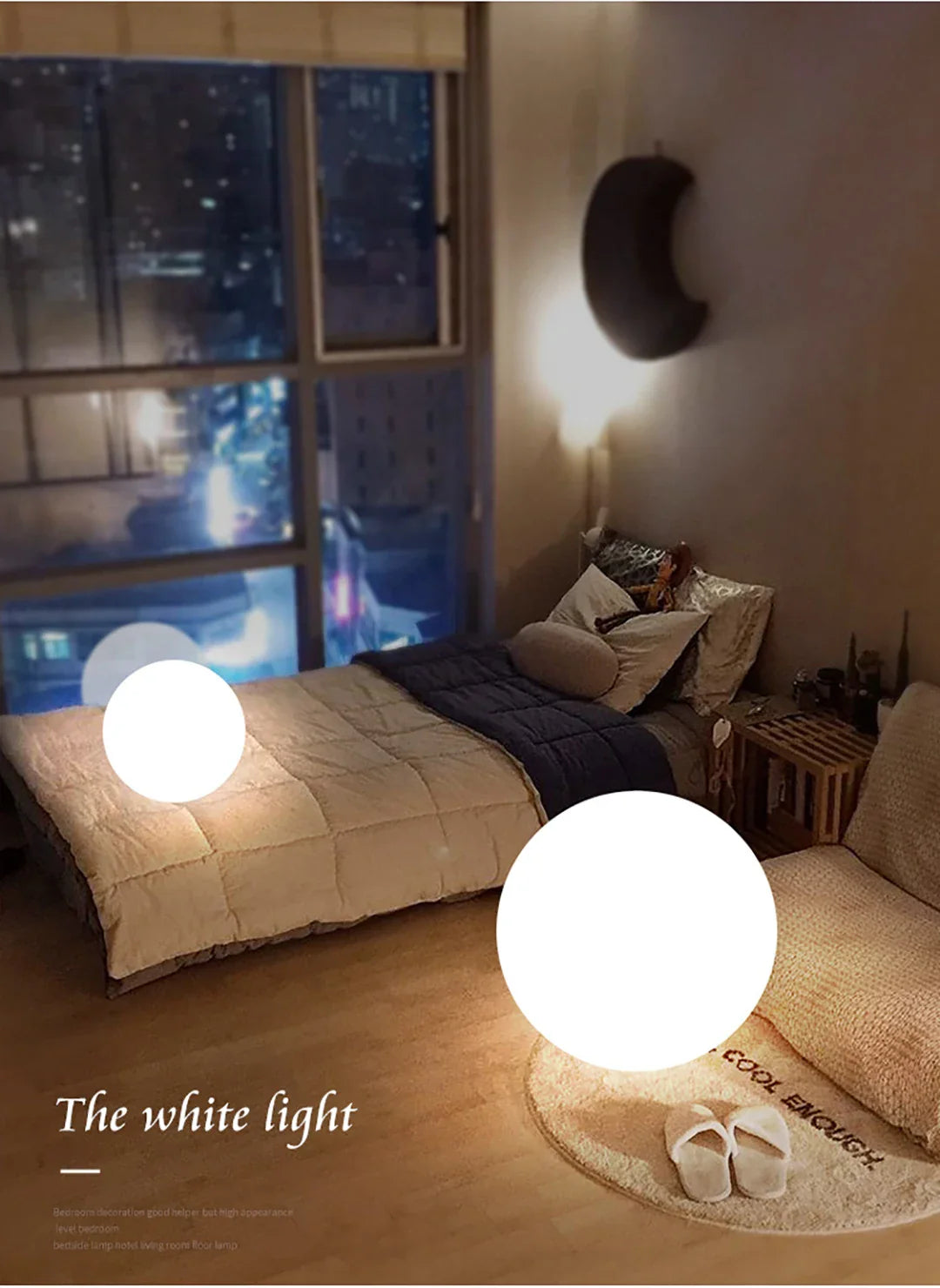 Two spherical lights emitting white light in a cozy bedroom setting.