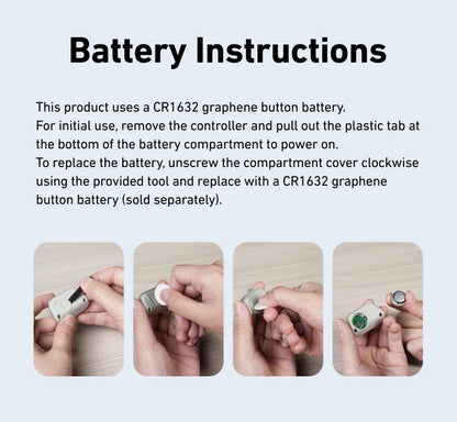 Battery instructions for a CR1632 graphene button battery with step-by-step images.