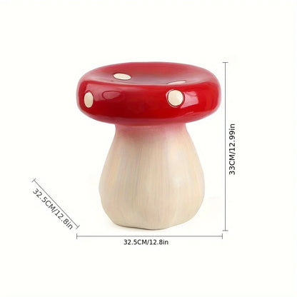 Mushroom-shaped stool with red top and beige base, shown with measurements on a white background.