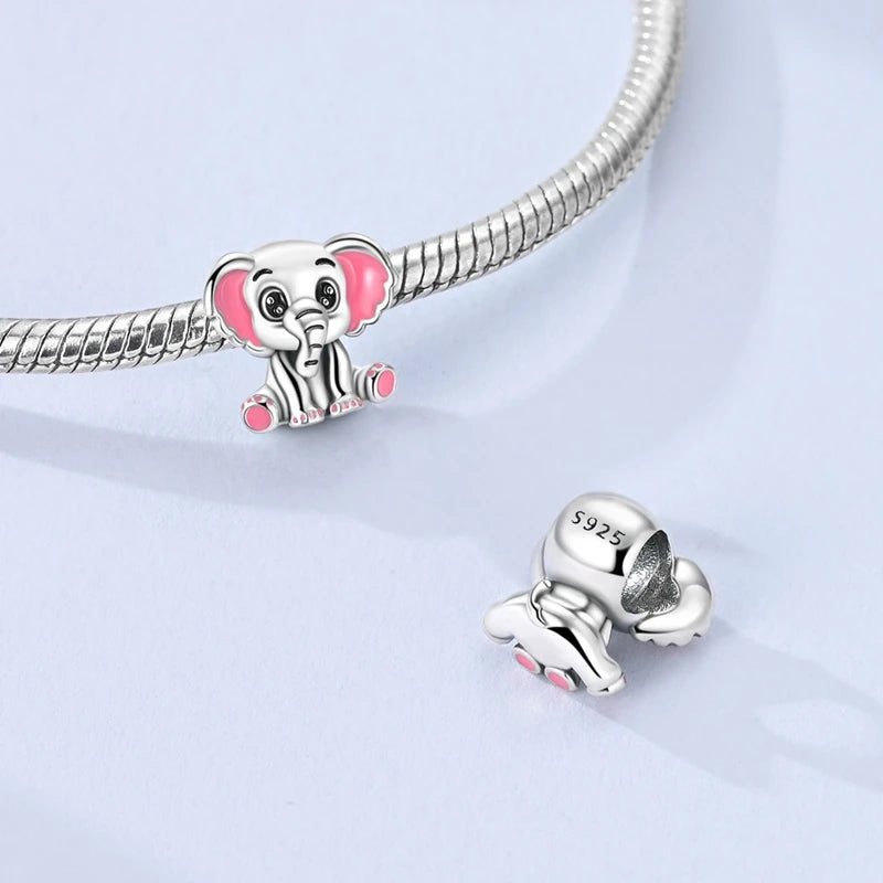 925 Sterling Silver Pink Charms Bead Butterfly Fairy Elephant Fox Pendants Pure Ember