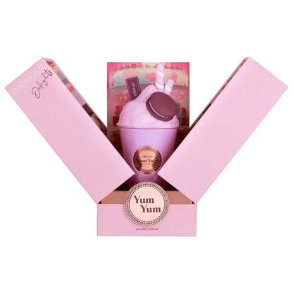 Pink 'Yum Yum' product in a decorative box on a white background