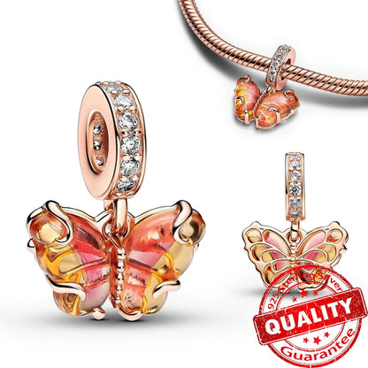 Sparkling Rose Gold Pavé Triple-row Beads Pink Gem Entwined Hearts Charm Fits Brand Bracelet Pure Ember