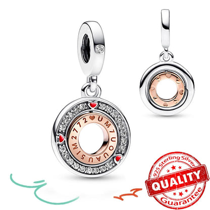 Sparkling Rose Gold Pavé Triple-row Beads Pink Gem Entwined Hearts Charm Fits Brand Bracelet Pure Ember