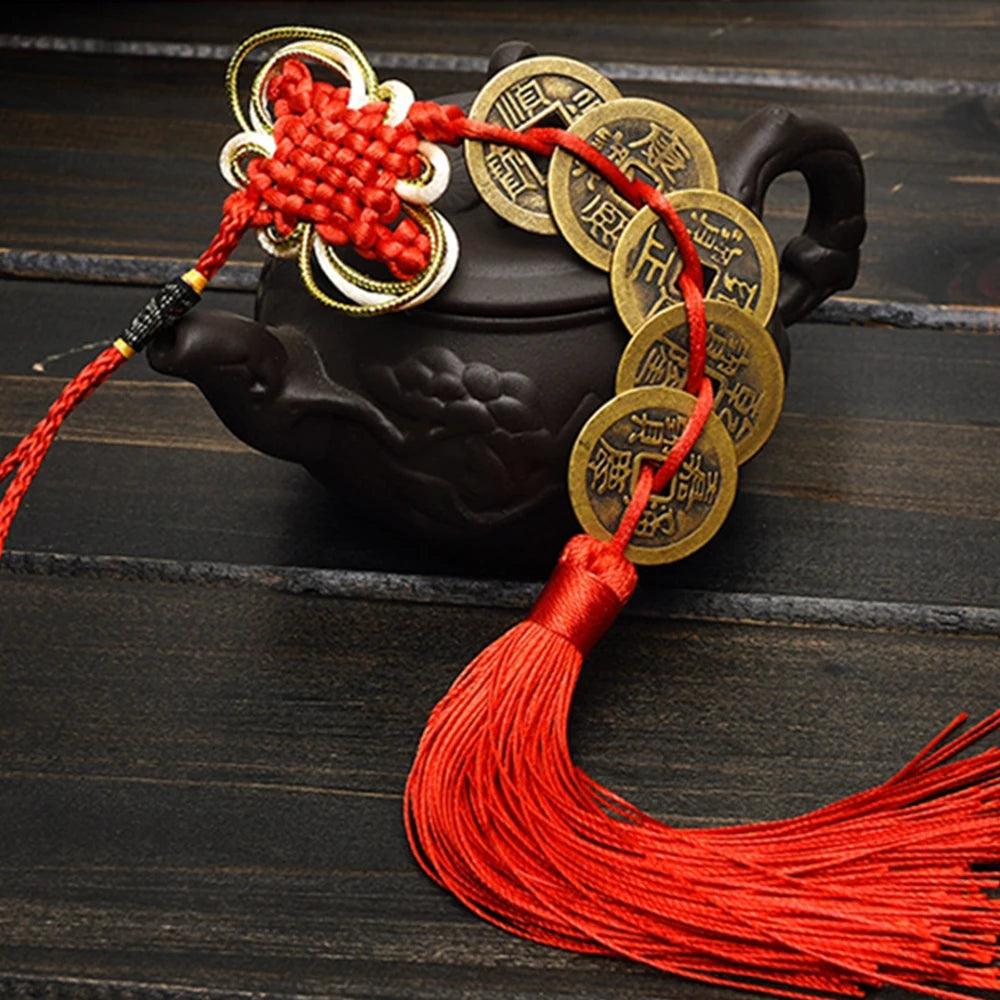 Money Luck Wealth Success 5 Or 6 Copper Coins Chinese Knot Red Rope Feng Shui