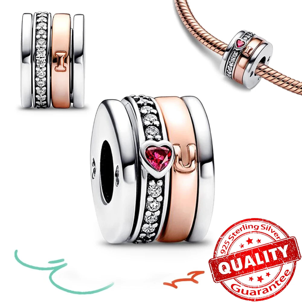 Sparkling Rose Gold Pavé Triple-row Beads Pink Gem Entwined Hearts Charm Fits Brand Bracelet Pure Ember
