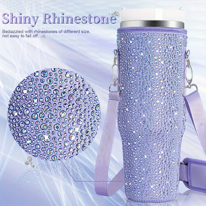 Shiny rhinestone water bottle holder with a close-up of rhinestones on a light blue background.