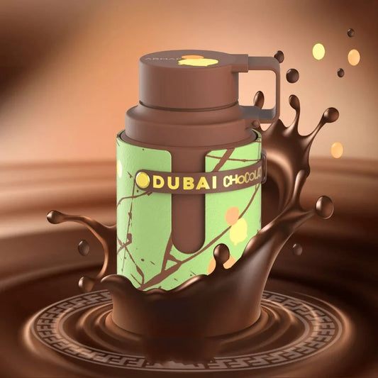 Chocolate-themed product with 'Dubai Chocolat' branding on a brown background
