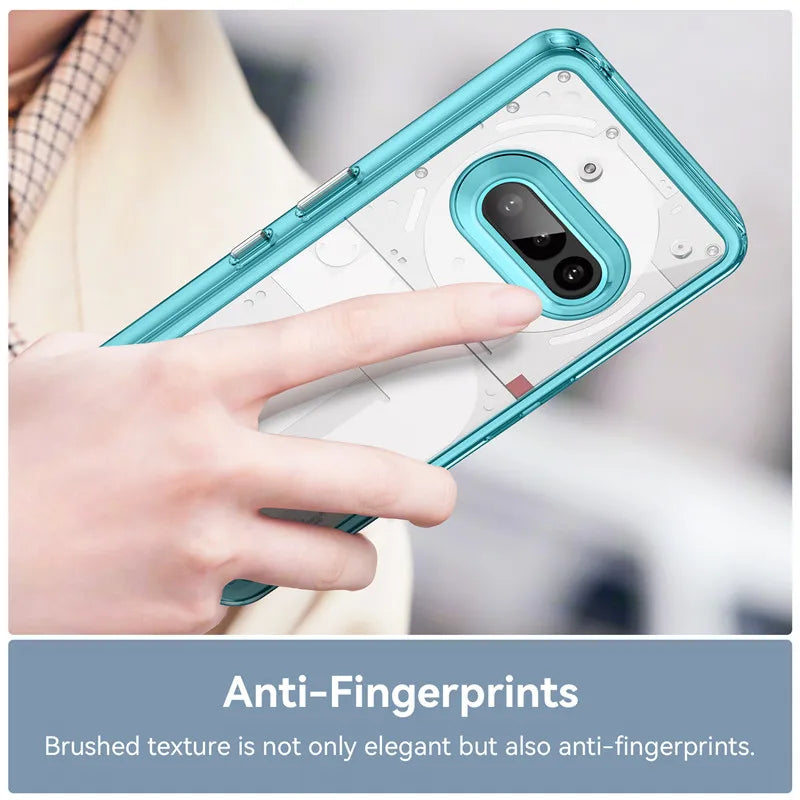 Teal phone case with anti-fingerprint feature held by a hand, blurred background