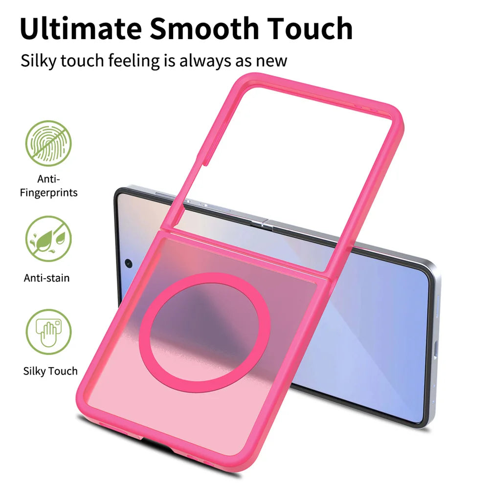 Pink phone case with features highlighted on a white background