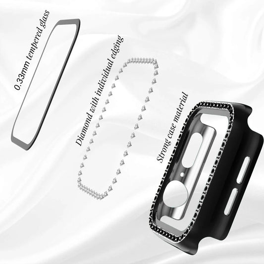 Smartphone case with tempered glass, diamond accents, and strong material on a white background