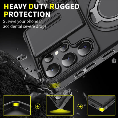 Phone case with rugged protection features on a dark background