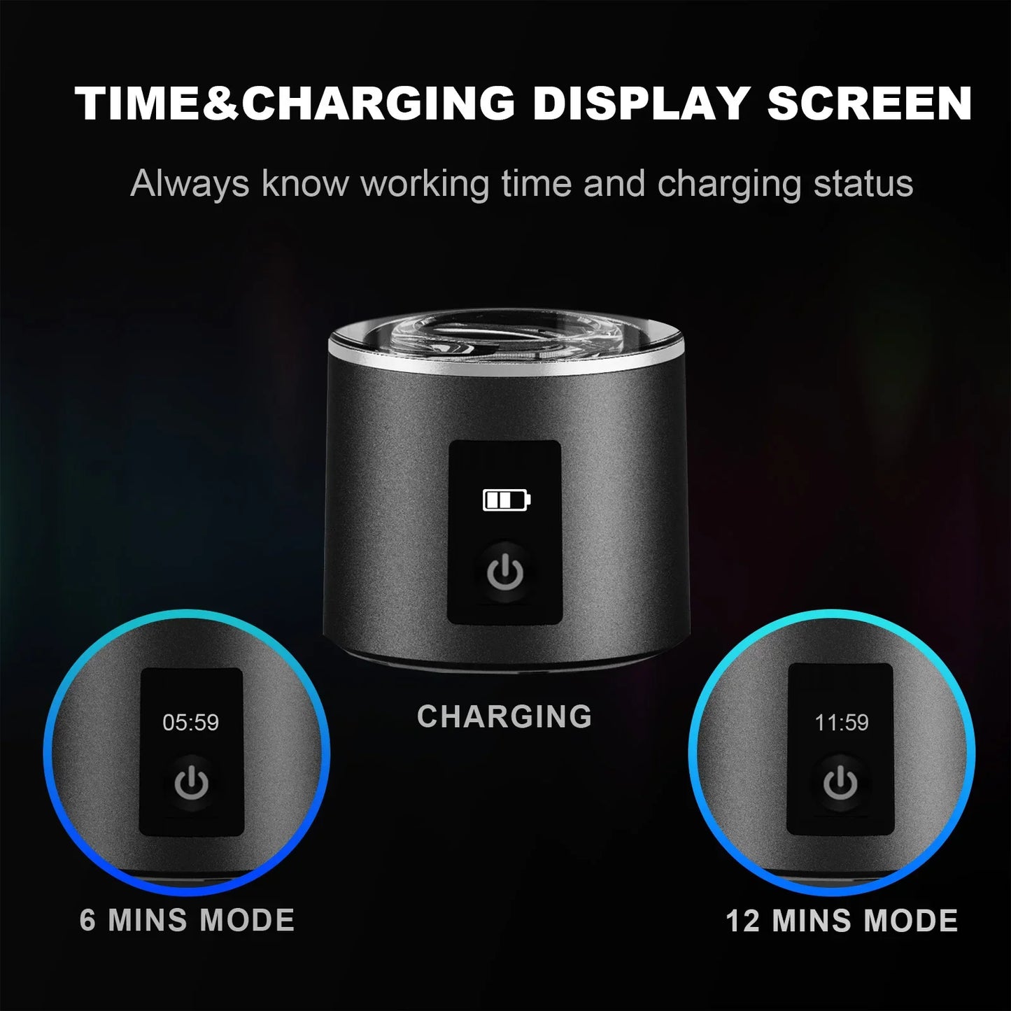 Black electronic device with charging and time display on a dark background