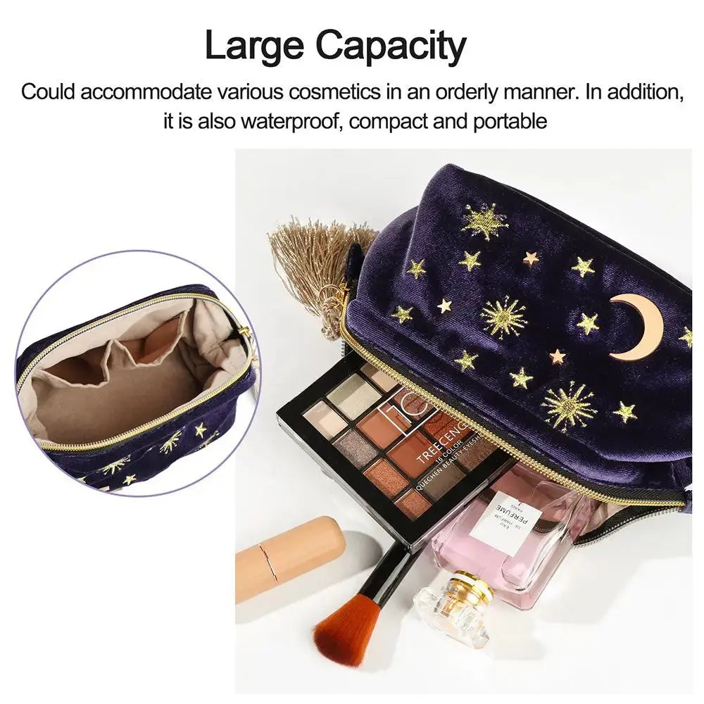 Cosmetic bag with star and moon design, containing makeup items on a white background.