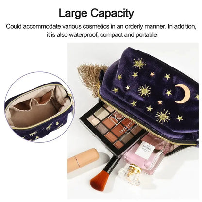 Cosmetic bag with star and moon design, containing makeup items on a white background.