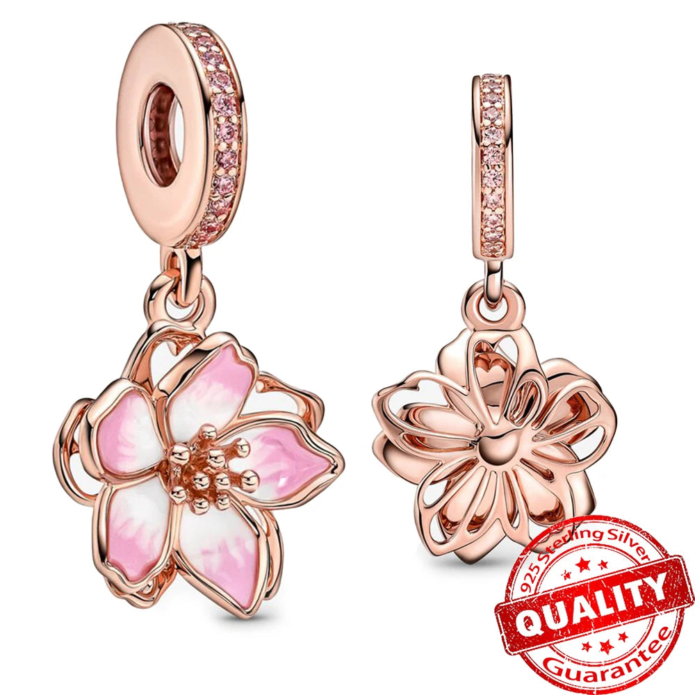 Sparkling Rose Gold Pavé Triple-row Beads Pink Gem Entwined Hearts Charm Fits Brand Bracelet Pure Ember